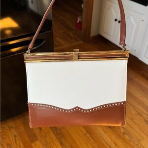 Air Step 1960s White and Brown Two-Tone Top-Handle Women's Bag